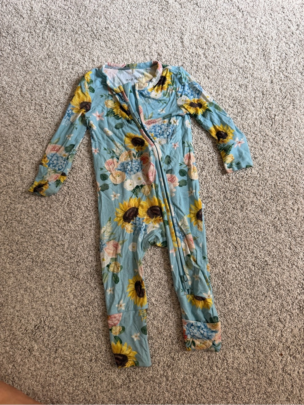 Posh peanut Floral Sunflower Zip-Front Kids One-Piece Romper - Blue
